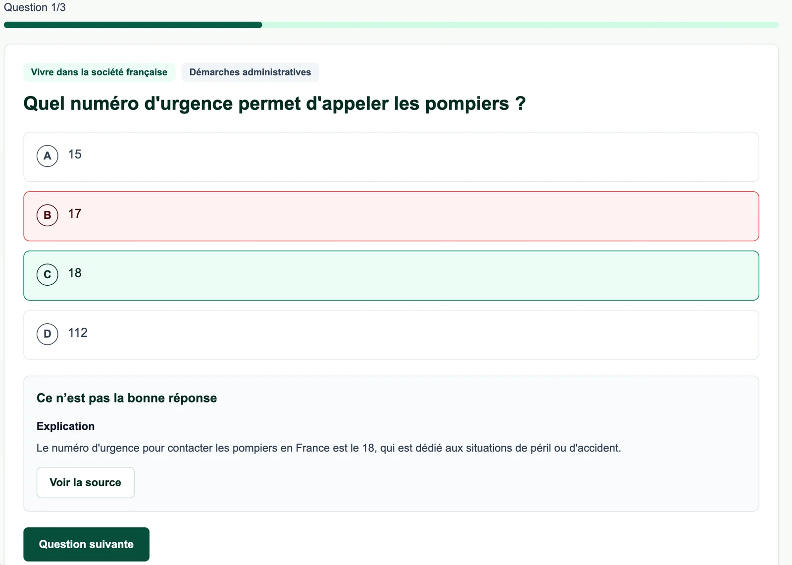 Aperçu sur ordinateur d’une question d’entraînement avec la correction, l’explication et le lien vers la source